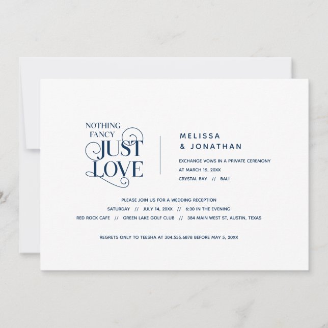Nothing Fancy, Just Love, Navy Blue, Wed Elopement Invitation (Front)