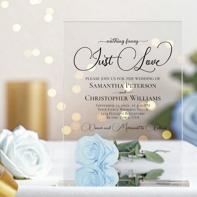 Nothing Fancy Just Love Pale Blue Rose Wedding Acrylic Invitations (Clear Acrylic with Rectangle Cut)