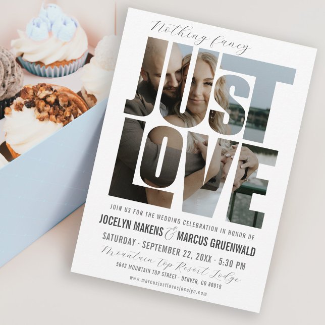 Nothing Fancy Just Love Photo Words Modern Wedding Invitation (Cute Photo words casual wedding invitation with "Nothing Fancy, Just Love" with photo typography)