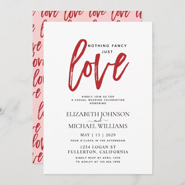 Nothing Fancy Just Love Pink & Red Casual Wedding Invitation (Front/Back)