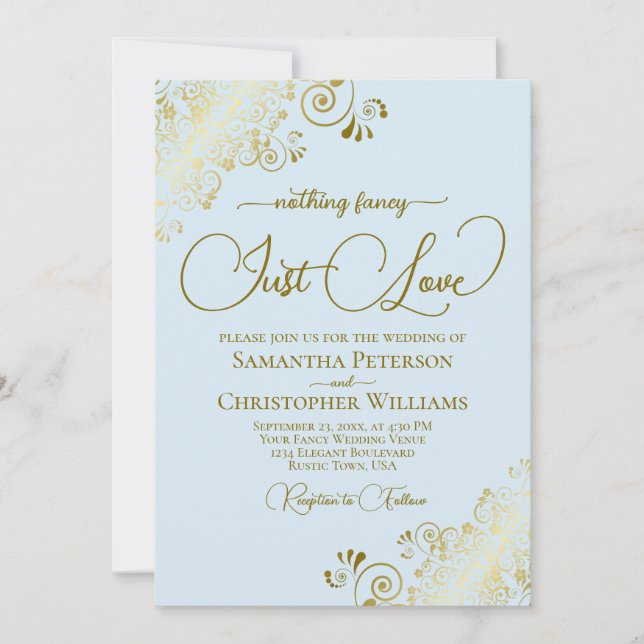 Nothing Fancy Just Love Powder Blue & Gold Wedding Invitation (Front)