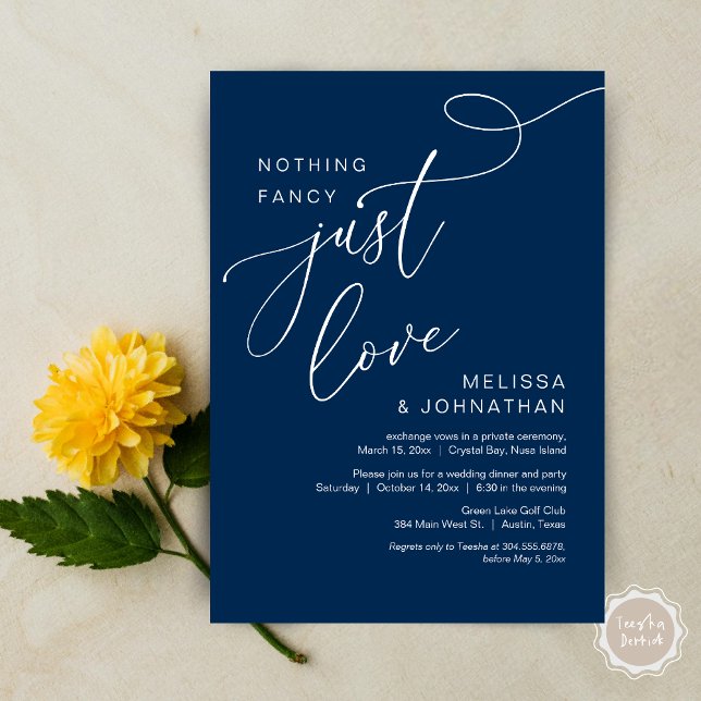 Nothing Fancy, Just Love, Romantic Wedding Dinner Invitation (Nothing Fancy, Just Love, Romantic Wedding Elopement Dinner Invitation Card, PDF, Navy Blue)