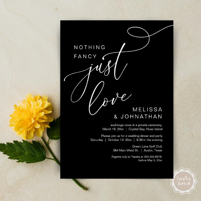 Nothing Fancy, Just Love, Romantic Wedding Dinner Invitation (Nothing Fancy, Just Love, Wedding Elopement Dinner Invitation Card, PDF, Modern Romantic, Black)