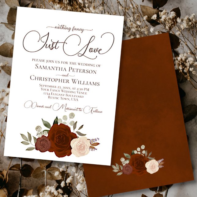 Nothing Fancy Just Love Rust Orange Floral Wedding Invitation (Creator Uploaded)