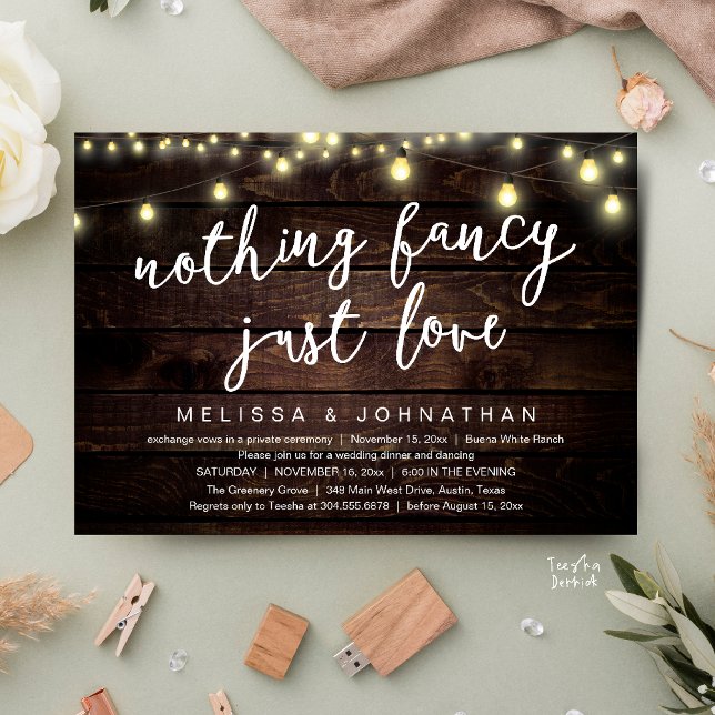 Nothing Fancy Just Love Rustic String Lights Invitation (Nothing Fancy Just Love Rustic String Lights Invitation Card in Cottage dark brown wood)