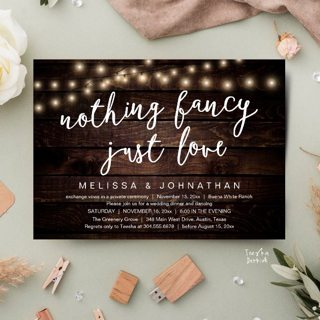 Nothing Fancy Just Love Rustic String Lights Invitation (Nothing Fancy Just Love Rustic String Lights Invitation Card in Cottage dark brown wood)