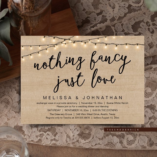 Nothing Fancy Just Love Rustic String Lights Invitation (Nothing Fancy Just Love Rustic String Lights Invitation Card in Cottage burlap brown wood)