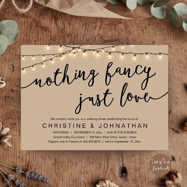 Nothing Fancy, Just Love, Rustic Wedding Dinner Invitation (Nothing Fancy, Just Love, Rustic Wedding Dinner Invitation Card Rustic Cottage String Lights in Tan)
