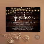 Nothing Fancy Just Love, Rustic Wedding Dinner Invitation<br><div class="desc">Mark the beginning of your forever with rustic elegance using our cottage and village string lights dark brown wood background themed, wedding elopement celebration invitation card, "nothing fancy just love". Perfect for couples extending their joyous occasion, this invitation exudes sophistication with a hint of playfulness, setting the stage for a...</div>