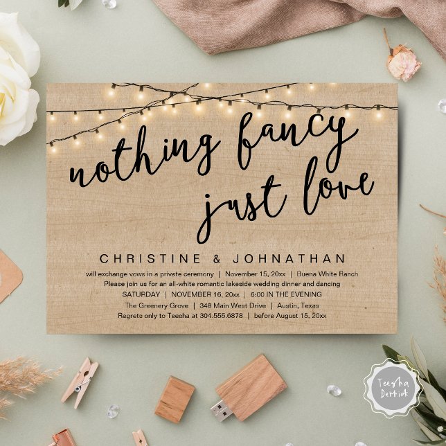 Nothing Fancy, Just Love Rustic Wedding Dinner Invitation (Nothing Fancy, Just Love Rustic Wedding Dinner Invitation Card PDF String Lights Brown Wood)