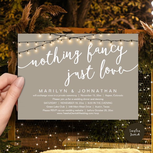 Nothing Fancy, Just Love, Rustic Wedding Dinner Invitation (Nothing Fancy, Just Love, Rustic Cottage String Lights, Wedding Dinner Invites Card, PDF Taupe)