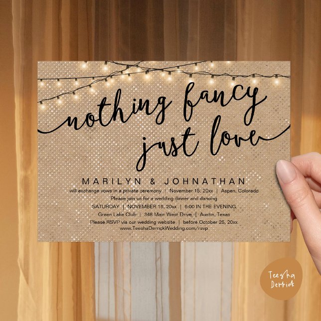 Nothing Fancy, Just Love, Rustic Wedding Dinner Invitation (Nothing Fancy, Just Love, Rustic Cottage String Lights, Wedding Dinner Invites Card, PDF Brown Kraft)