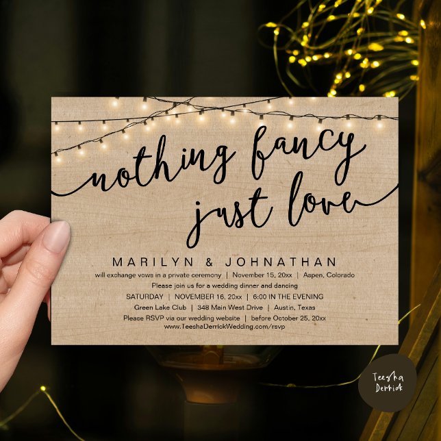 Nothing Fancy, Just Love, Rustic Wedding Dinner Invitation (Nothing Fancy, Just Love, Rustic Cottage String Lights, Wedding Dinner Invites Card, PDF, Brown Wood)