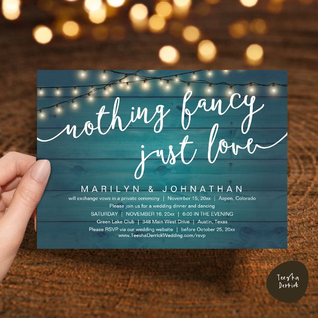 Nothing Fancy, Just Love, Rustic Wedding Dinner Invitation (Nothing Fancy, Just Love, Rustic Cottage String Lights, Wedding Dinner Invites Card, PDF, Teal Blue)