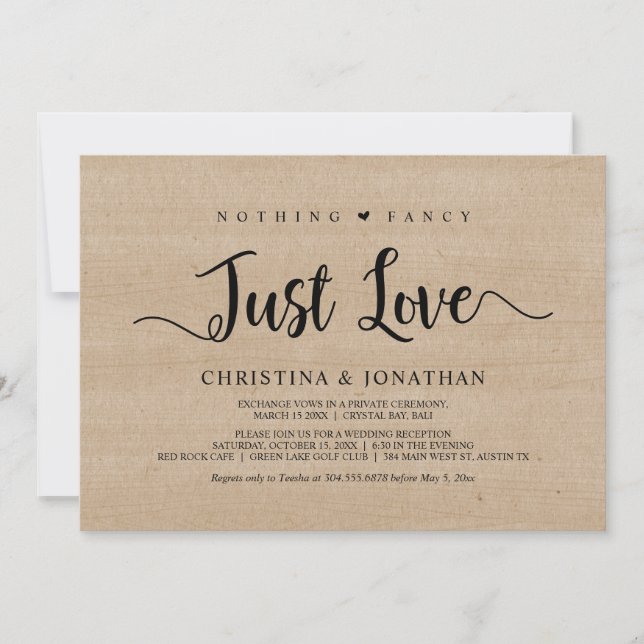 Nothing Fancy, Just Love, Rustic Wood, Elopement Invitation (Front)