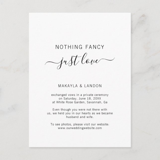 Nothing Fancy Just Love Simple Wedding Elopement Announcement Postcard (Front)