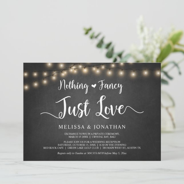 Nothing Fancy, Just Love, String Lights Elopement  Invitation (Standing Front)