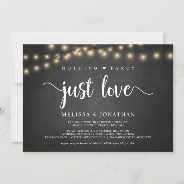 Nothing Fancy, Just Love, String Lights Elopement  Invitation (Front)