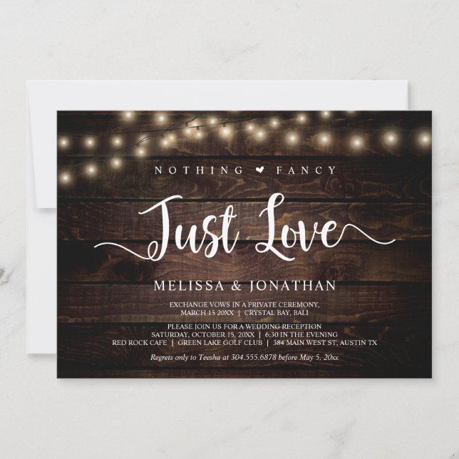 Nothing Fancy, Just Love, String Lights Elopement Invitation (Front)