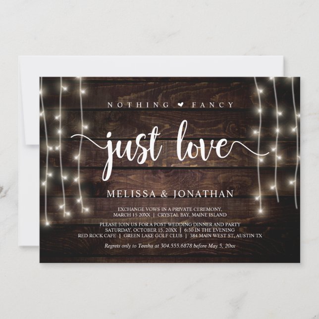 Nothing Fancy, Just Love, String Lights Elopement Invitation (Front)