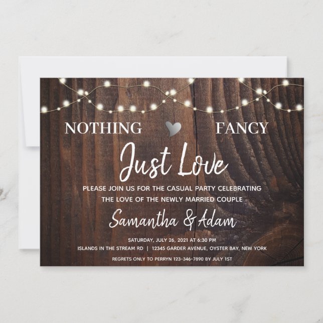 Nothing Fancy Just Love String Lights Rustic Wood Invitation (Front)