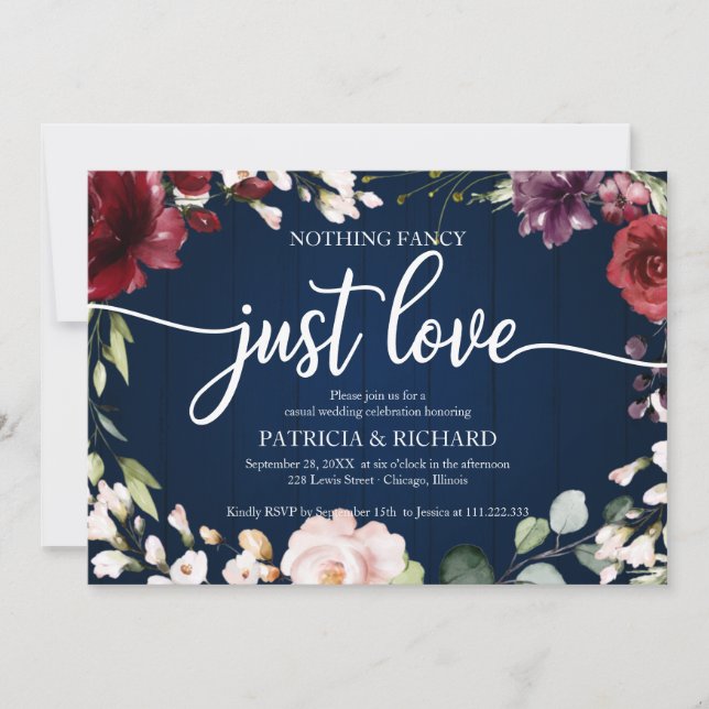 Nothing Fancy Just Love Wedding Burgundy Navy Blue Invitation (Front)