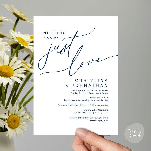 Nothing Fancy Just Love Wedding Dinner Party Invitation (Nothing Fancy Just Love Modern Romantic Wedding Dinner Lunch Brunch Party Invites Card Navy Blue)