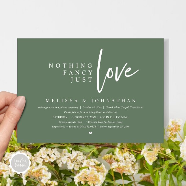 Nothing Fancy, Just Love Wedding Elopement Dinner Invitation (Nothing Fancy, Just Love Wedding Elopement Dinner Party Invitation Card, PDF, Forest Sage Green)