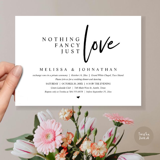 Nothing Fancy, Just Love Wedding Elopement Dinner Invitation (Nothing Fancy, Just Love Wedding Elopement Dinner Party Invitation Card, PDF, White Black)
