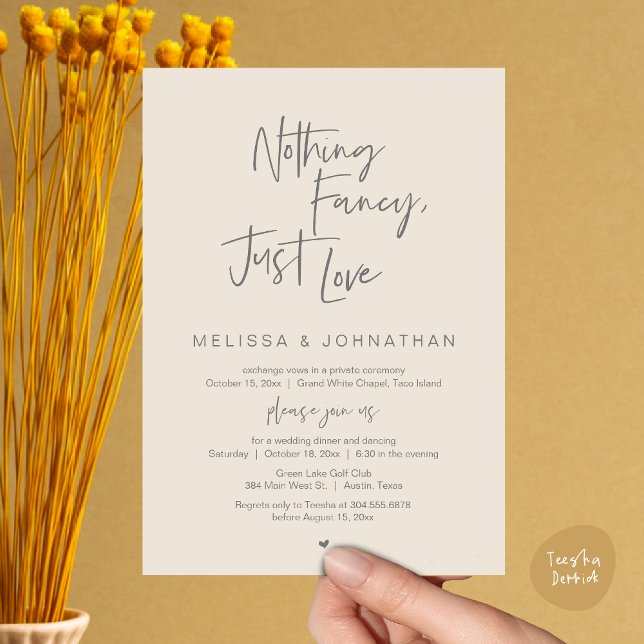 Nothing Fancy, Just Love, Wedding Elopement Dinner Invitation (Happily Ever After Party, Wedding Elopement Dinner Brunch Lunch Invitation Card, PDF, Cream Grey)