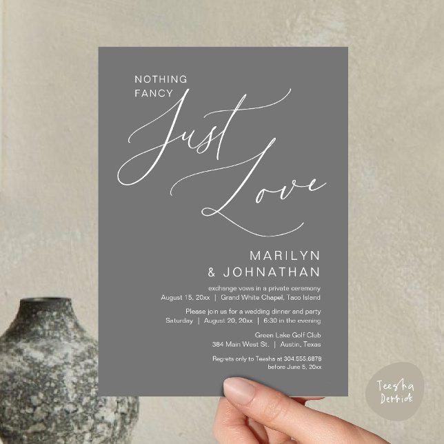 Nothing Fancy, Just Love, Wedding Elopement Dinner Invitation (Nothing Fancy, Just Love, Wedding Elopement Dinner Brunch Lunch Party Invites Card PDF, Dark Grey)