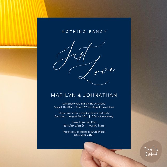 Nothing Fancy, Just Love, Wedding Elopement Dinner Invitation (Nothing Fancy, Just Love, Wedding Elopement Dinner Brunch Lunch Party Invites Card PDF, Navy Blue)