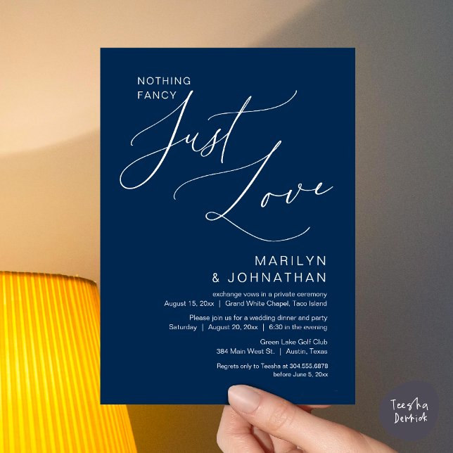 Nothing Fancy, Just Love, Wedding Elopement Dinner Invitation (Nothing Fancy, Just Love, Wedding Elopement Dinner Brunch Lunch Party Invites Card PDF, Navy Blue)
