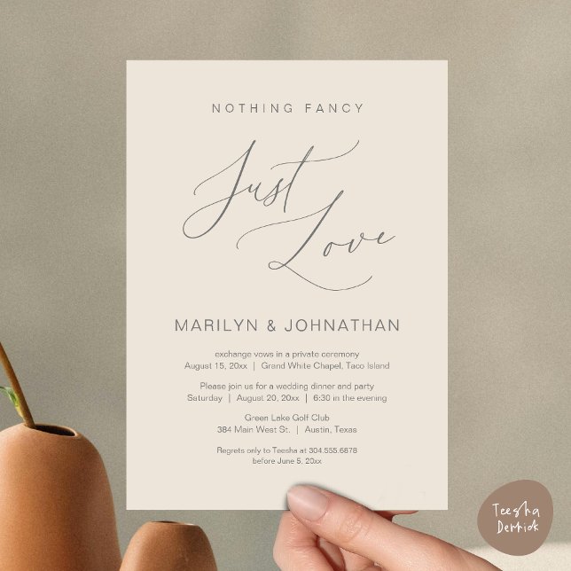 Nothing Fancy, Just Love, Wedding Elopement Dinner Invitation (Nothing Fancy, Just Love, Wedding Elopement Dinner Brunch Lunch Party Invites Card PDF, Cream Grey)