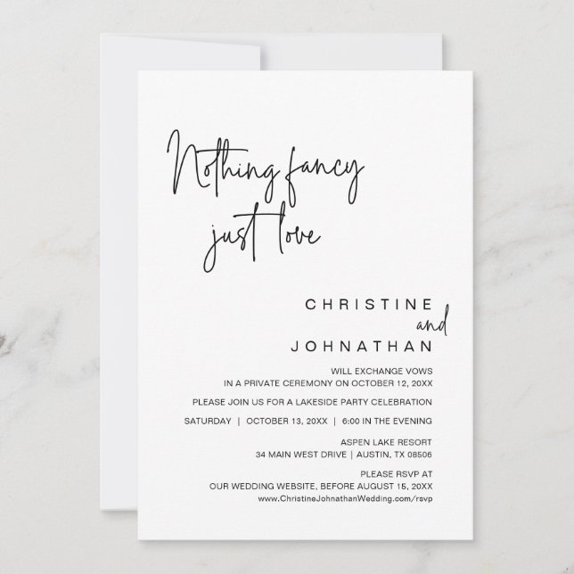 Nothing Fancy, Just Love, Wedding Elopement Party  Invitation (Front)