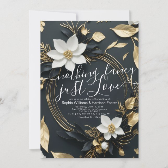 Nothing Fancy Just Love Wedding Gold Floral Wreath Invitation (Front)