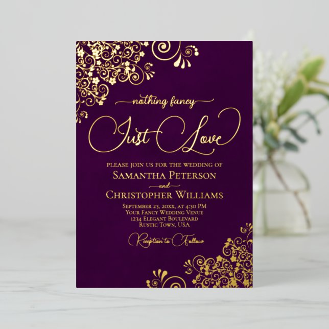 Nothing Fancy Just Love Wedding Plum Purple & Gold (Standing Front)