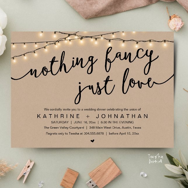 Nothing Fancy, Just Love, Wedding Reception Dinner Invitation (Nothing Fancy, Just Love, Wedding Reception Dinner Invitation Card String Lights Brown Kraft)