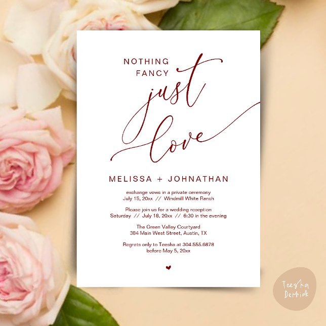 Nothing Fancy, Just Love, Wedding Reception Party Invitation (Nothing Fancy Just Love Wedding Reception Dinner Lunch Brunch Romantic Invites Card PDF Burgundy Red)