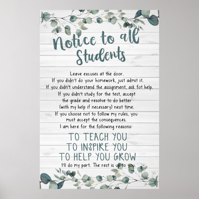 Notice To All Students Poster For Classroom (Front)