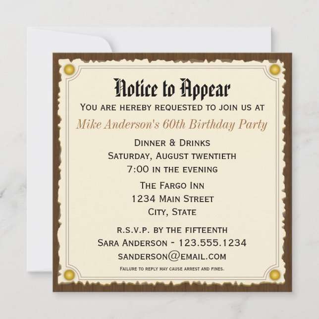 Notice to Appear Birthday Party invitation (Front)