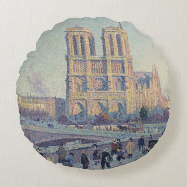 Notre Dame Cathedral Paris France Classic Painting Round Pillow (Front)