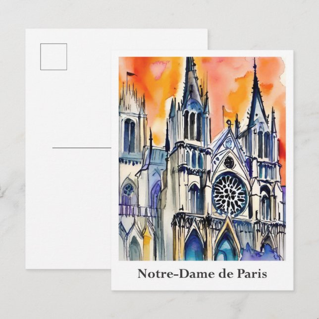 Notre-Dame de Paris France Watercolor Travel Postcard (Front/Back)
