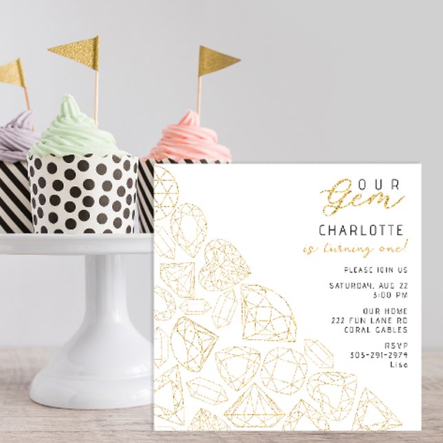 Notre Gem Gold 1st Birthday Party Invitation (modern gold glitter birthday party invitation)