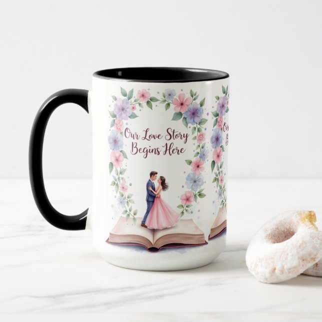 Notre histoire d'amour Mug de mariage floral (Avec donut)