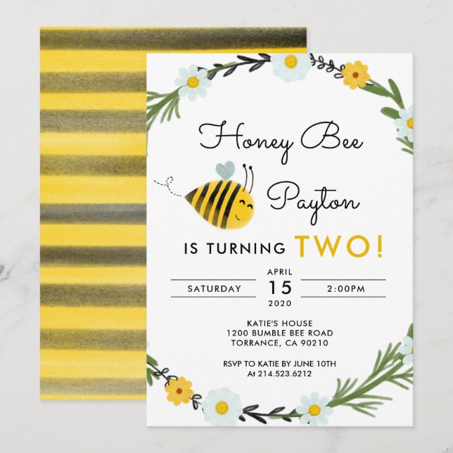 Notre Little Hone Bee Invitation du 2e anniversair (Devant / Derrière)