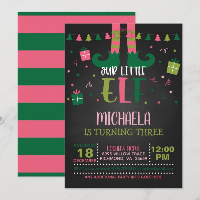 Notre Petit Elfe Invitation Anniversaire - Fille - (Devant / Derrière)