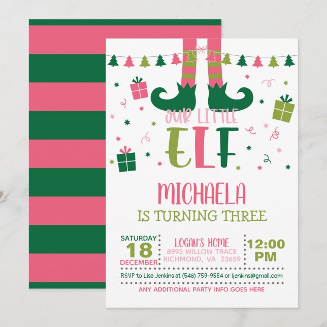 Notre Petit Elfe Invitation Anniversaire - Fille - (Devant / Derrière)