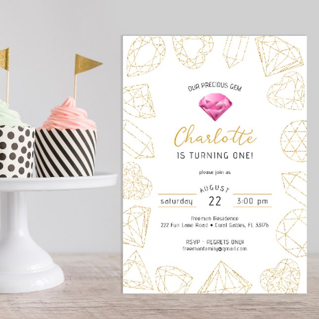 Notre Précieux Invitation d'anniversaire Gem Rose  (gemstone gold glitter birthday party invitation, pink)