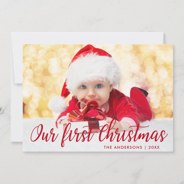 Notre premier Carte photo de script rouge Noël (Devant)
